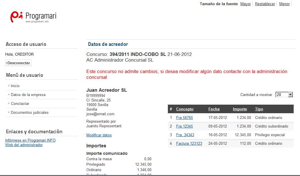 Pantalla de resum de situació del creditor Pantalla de resum de situació del creditor