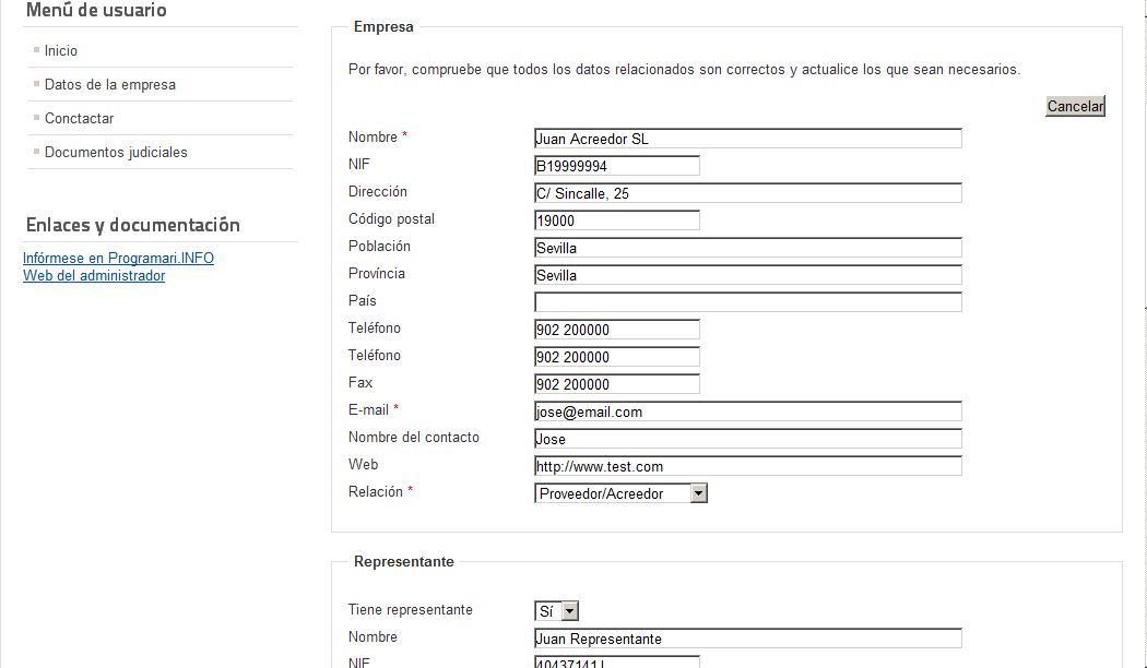 Pantalla de dades de contacte del creditor Pantalla de dades de contacte del creditor